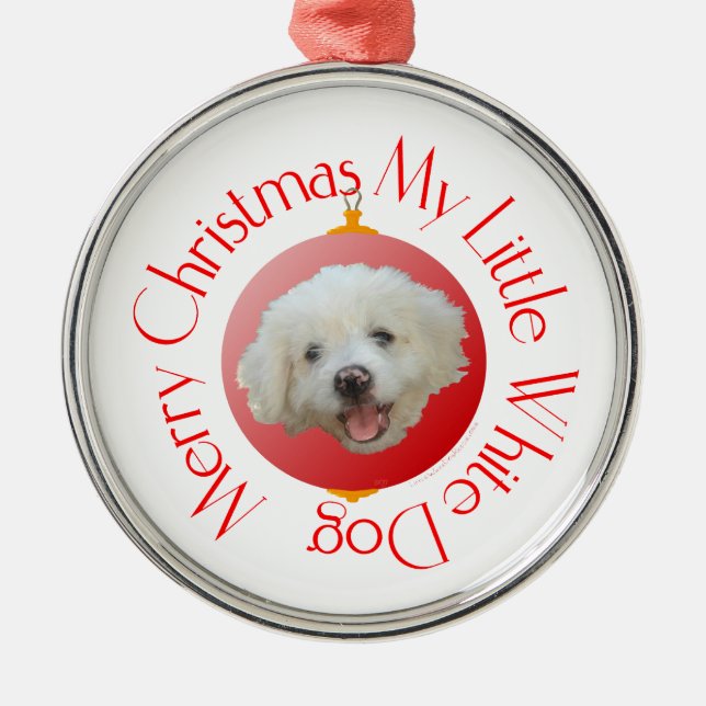 Merry Christmas Little White Dog Metal Tree Decoration (Front)
