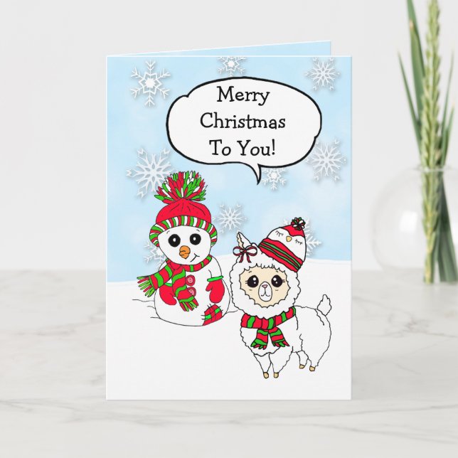 Merry Christmas Llama and Snowman Hand Drawn Card (Front)