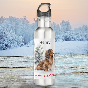 Merry Christmas Long Haired Dachshund Dog in Snow 710 Ml Water Bottle