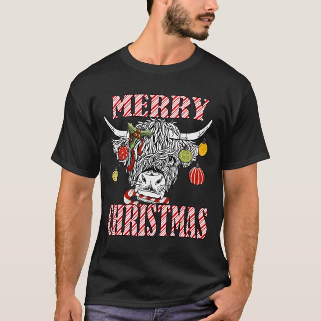 Merry Christmas Longhorn Cow Candycane Xmas Holida T-Shirt (Front)