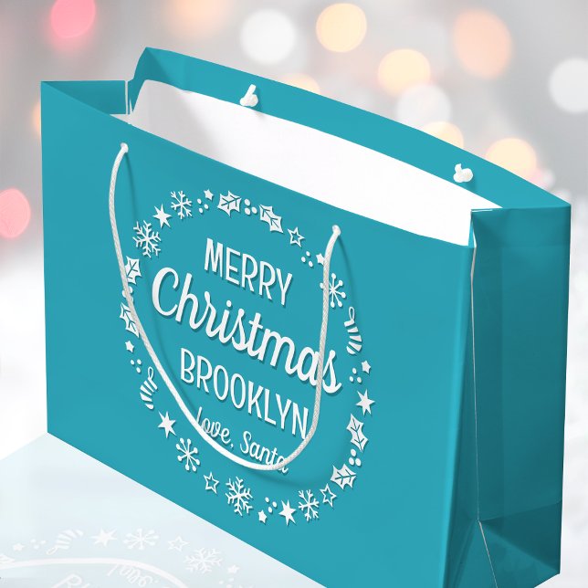 Merry Christmas Love Santa Custom Name Teal Large Gift Bag (Creator Uploaded)