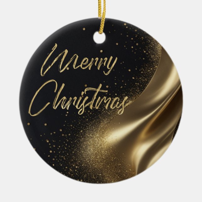 Merry Christmas Luxe Black and Gold Ceramic Ornament (Front)
