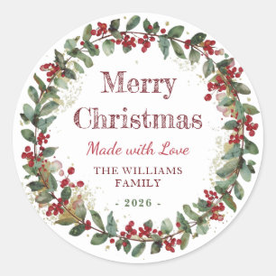 Merry Christmas Made with Love   Rustic Watercolor Classic Round Sticker