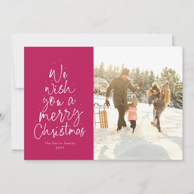 Merry Christmas magenta pink fun family photo Holiday Card (Front)