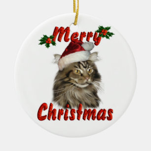 Merry Christmas Maine Coon Cat Ceramic Ornament