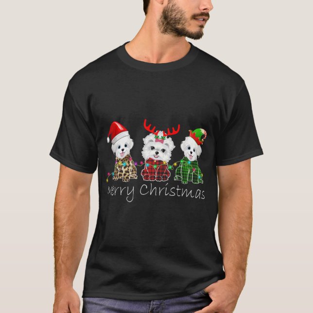 Merry Christmas Maltese Reindeer Elf Santa Hat Fai T-Shirt (Front)