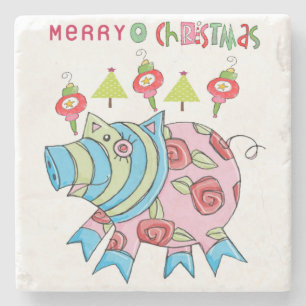 Merry Christmas Marble Stone Coaster, Pink Pig Coaster