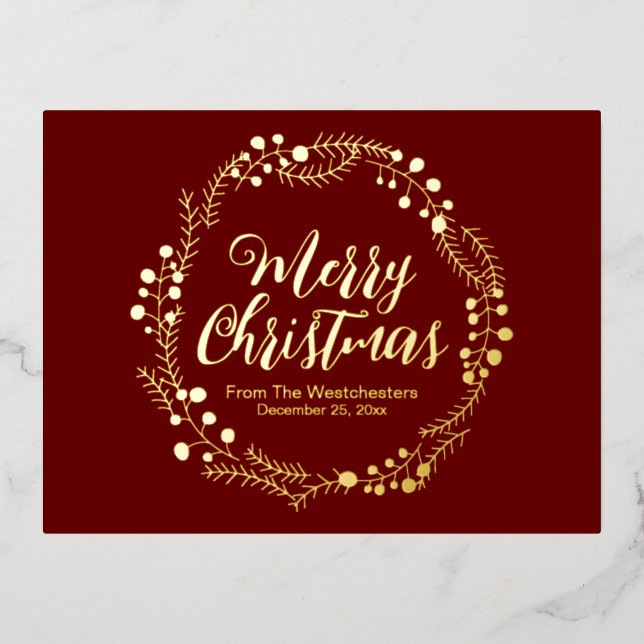 Merry Christmas maroon gold script rustic wreath Foil Holiday Postcard (Front)