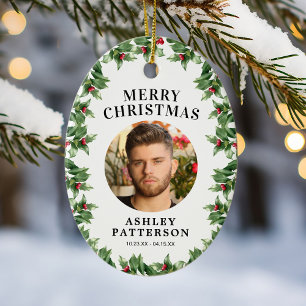 Merry Christmas Memorial Holly Ceramic Ornament