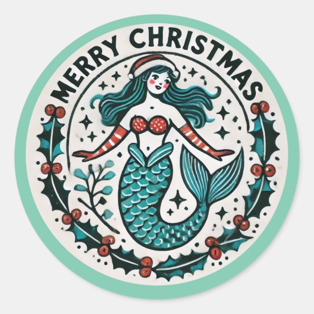 Merry Christmas Mermaid                            Classic Round Sticker (Front)