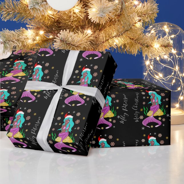 Merry Christmas mermaid & snowflakes personalised Wrapping Paper (Holidays)