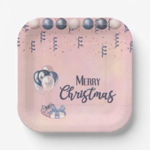 Merry Christmas Message Baubles, Gifts & Balloons Paper Plate