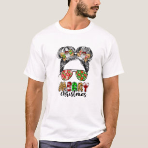 Merry Christmas Messy Bun Hair Plaid Leopard Print T-Shirt