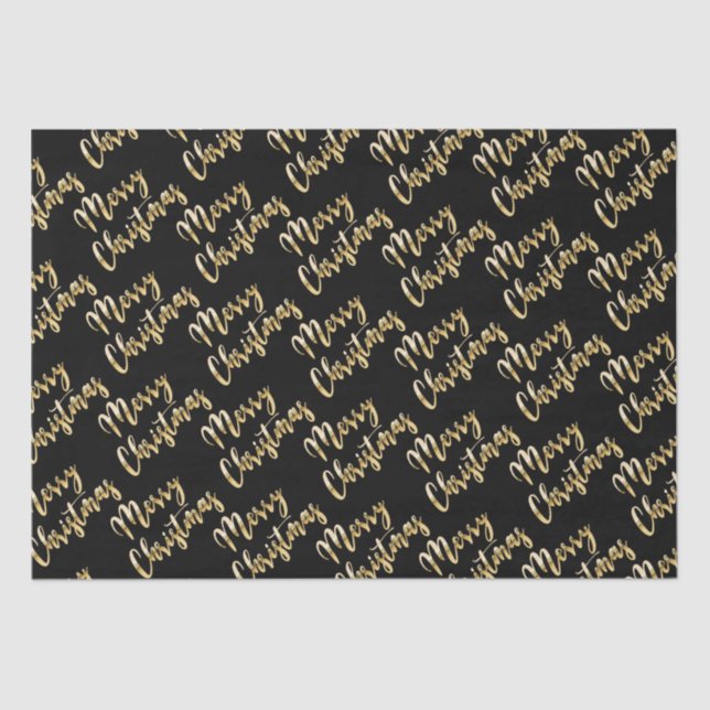 Merry Christmas metallic gold script black Tissue Paper (Front)