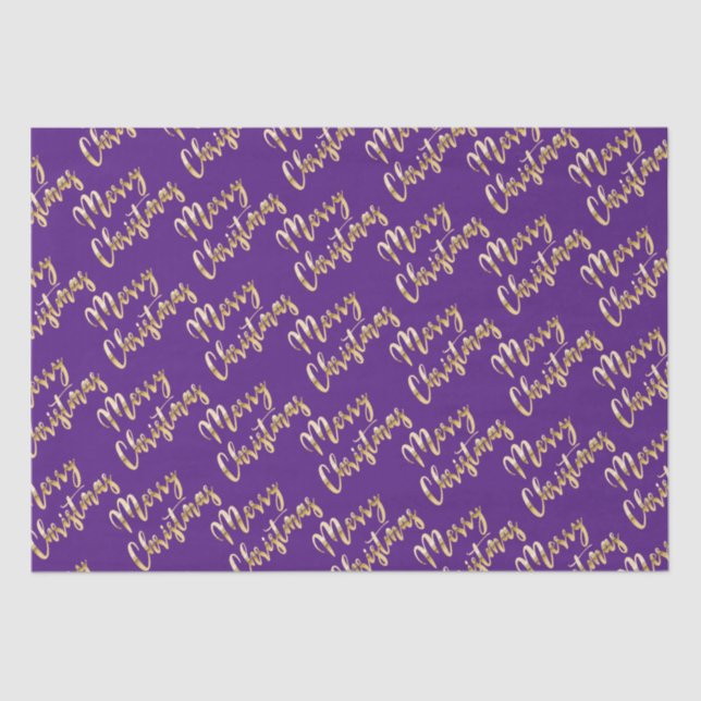 Merry Christmas metallic gold script purple Tissue Paper (Front)
