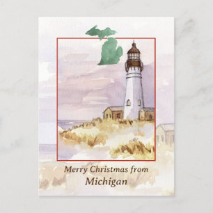 Merry Christmas Michigan Lighthouse Winter Snow Holiday Postcard