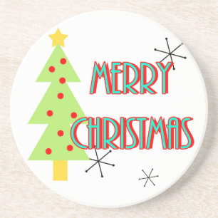 merry christmas mid century modern tree red blue coaster