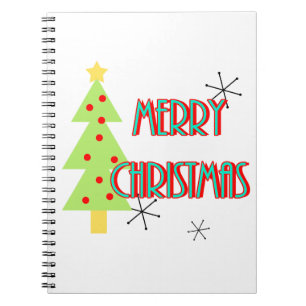 merry christmas mid century modern tree red blue notebook