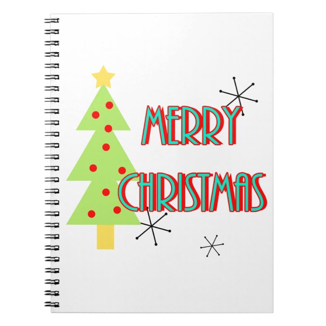 merry christmas mid century modern tree red blue notebook (Front)