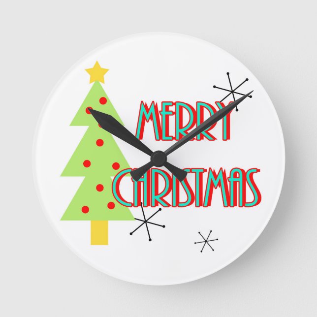 merry christmas mid century modern tree red blue round clock (Front)