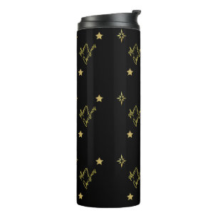 Merry Christmas Mini Gold Star Patterns in Black Thermal Tumbler