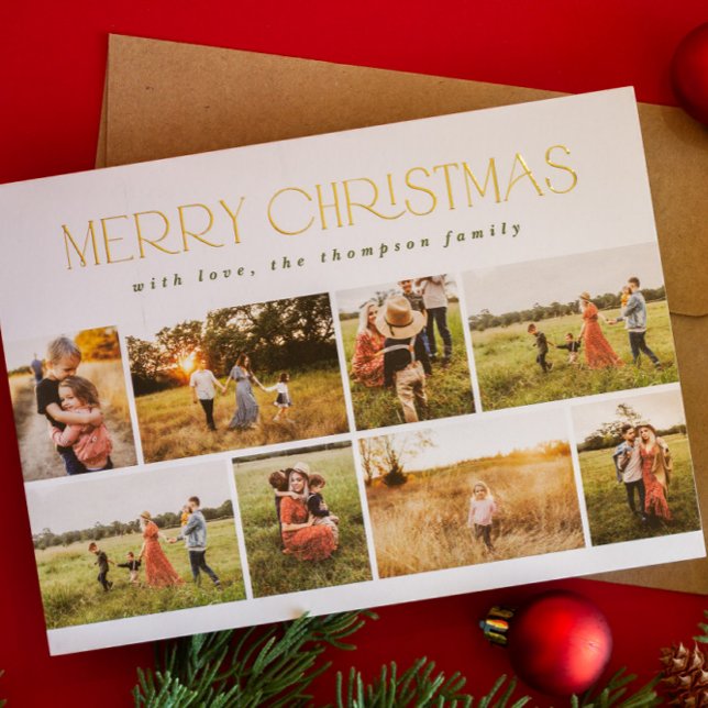 Merry Christmas Minimal Gold Foil Eight Photo Holiday Card (Creator Uploaded)