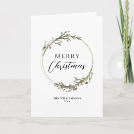 Merry Christmas Minimal Watercolor Wreath Holiday Card