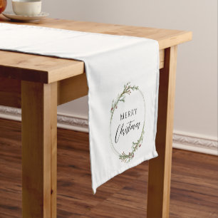 Merry Christmas Minimal Watercolor Wreath Short Table Runner