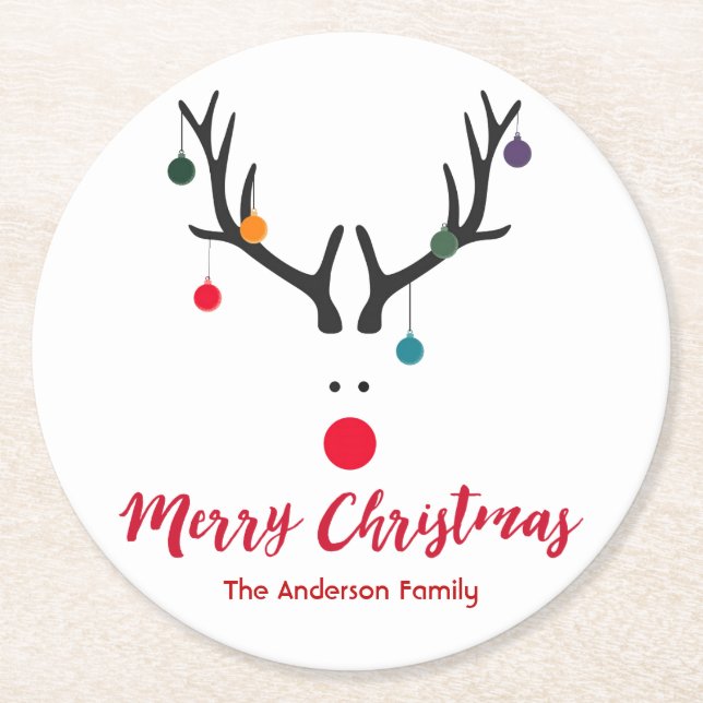 Merry Christmas minimalist and cute reindeer white Round Paper Coaster (Front)