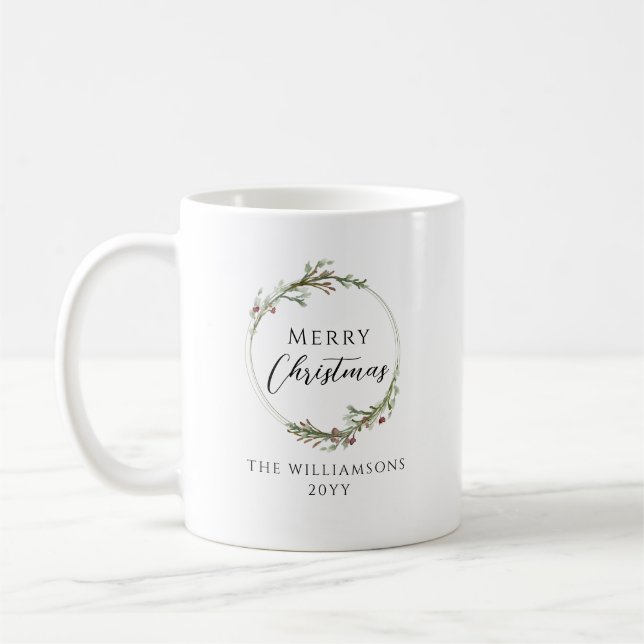 Merry Christmas Minimalist Family Name Wreath Coffee Mug (Left)