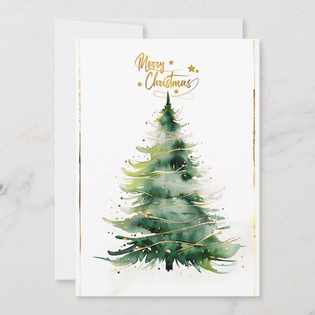 Merry Christmas Minimalist Gold and Green Holiday Card (Front)