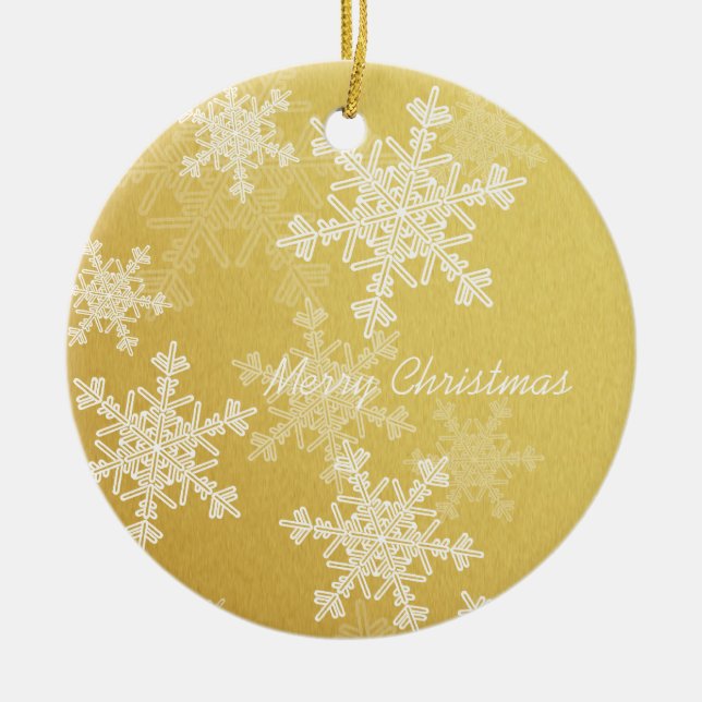 Merry Christmas Minimalist Golden Snowflakes  Ceramic Ornament (Front)