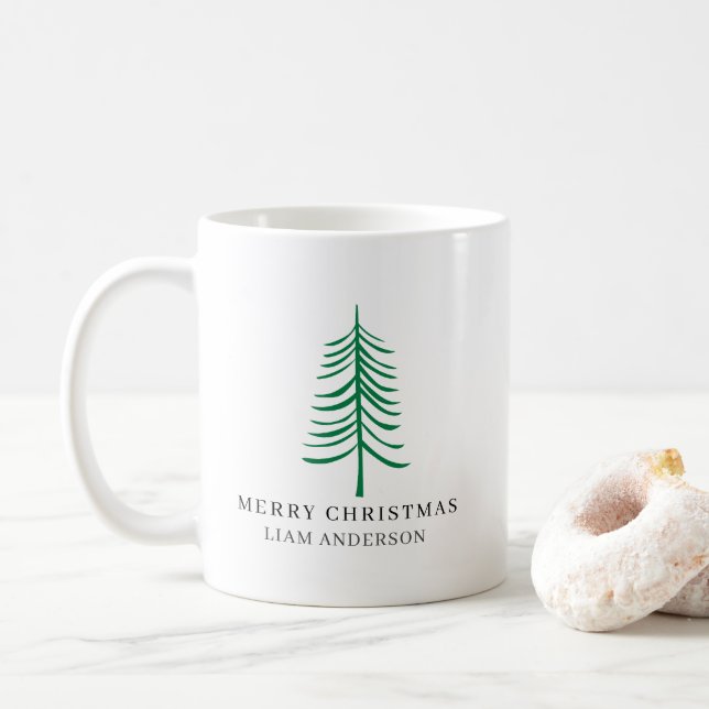 Merry Christmas Minimalist Green Modern Tree  Coffee Mug (With Donut)