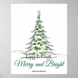 Merry Christmas Minimalist Holiday Tree Script Poster