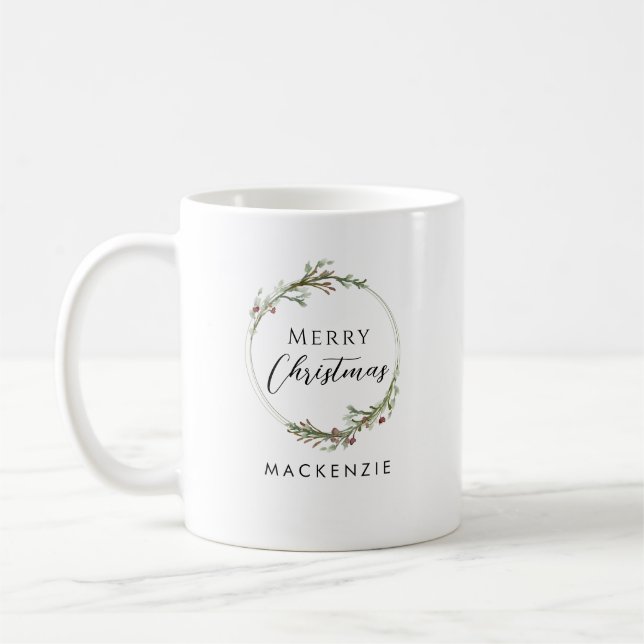 Merry Christmas Minimalist Name Wreath Coffee Mug (Left)
