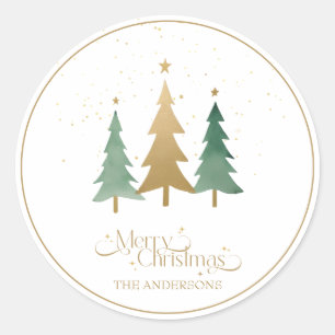 Merry Christmas Minimalist Pine Trees White Classic Round Sticker
