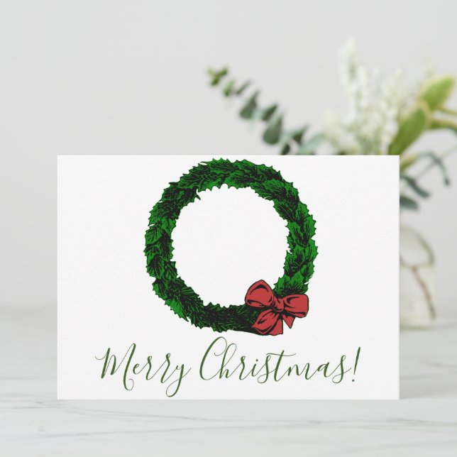 Merry Christmas Minimalist Pine Wreath & Red Bow Holiday Card (Standing Front)