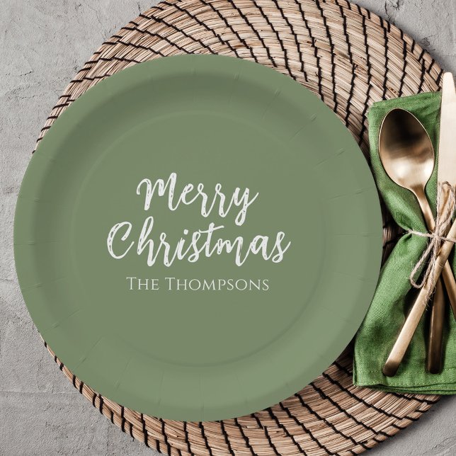 Merry Christmas Minimalist Simple Red Calligraphy Paper Plate (Merry Christmas simple calligraphy script with a minimalist sage green background. )