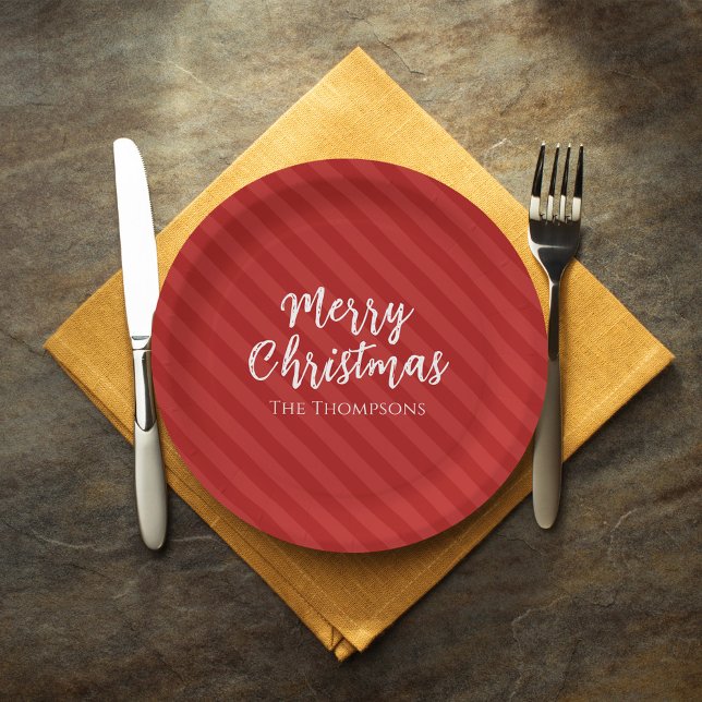 Merry Christmas Minimalist Simple Striped Red  Paper Plate (Perfect for any party, get-togethers, or business and corporate parties too. )