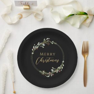 Merry Christmas Minimalist Wreath Black Paper Plate