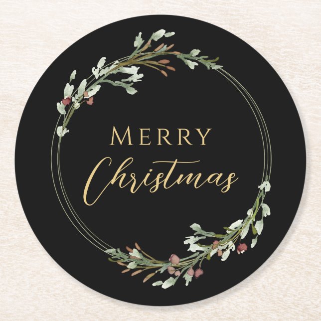 Merry Christmas Minimalist Wreath Black Round Paper Coaster (Front)