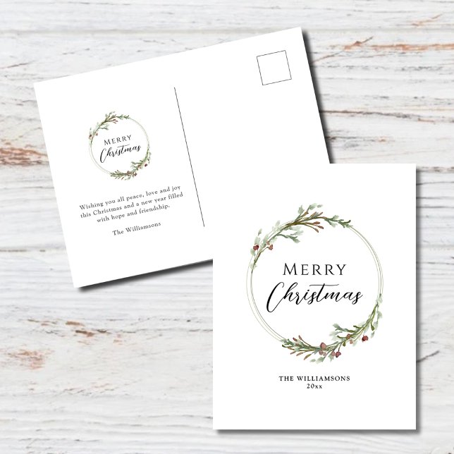 Merry Christmas Minimalist Wreath Holiday Postcard (Creator Uploaded)