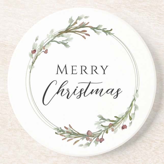 Merry Christmas Minimalist Wreath White Coaster (Front)