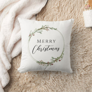 Merry Christmas Minimalist Wreath White Cushion