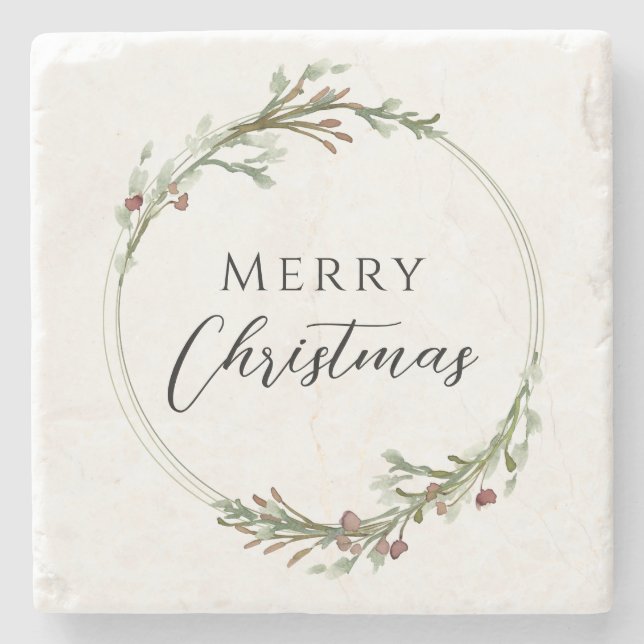 Merry Christmas Minimalist Wreath White Stone Coaster (Front)