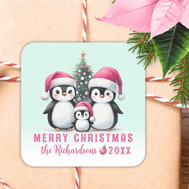 Merry Christmas Mint Green and Pink Cute Penguins Square Sticker (Creator Uploaded)
