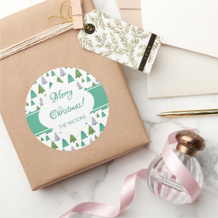 Merry Christmas Mint Green Watercolor Tree Classic Round Sticker