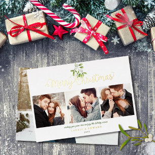Merry Christmas Mistletoe 4 Photo Gold Foil Holiday Card