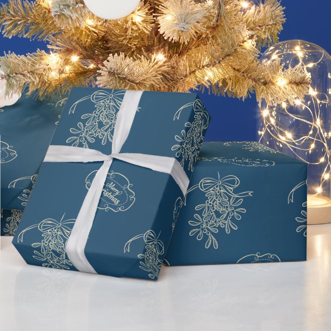Merry Christmas Mistletoe Calligraphy Blue Wrapping Paper (Holidays)