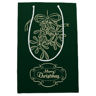 Merry Christmas Mistletoe Calligraphy Green Medium Gift Bag